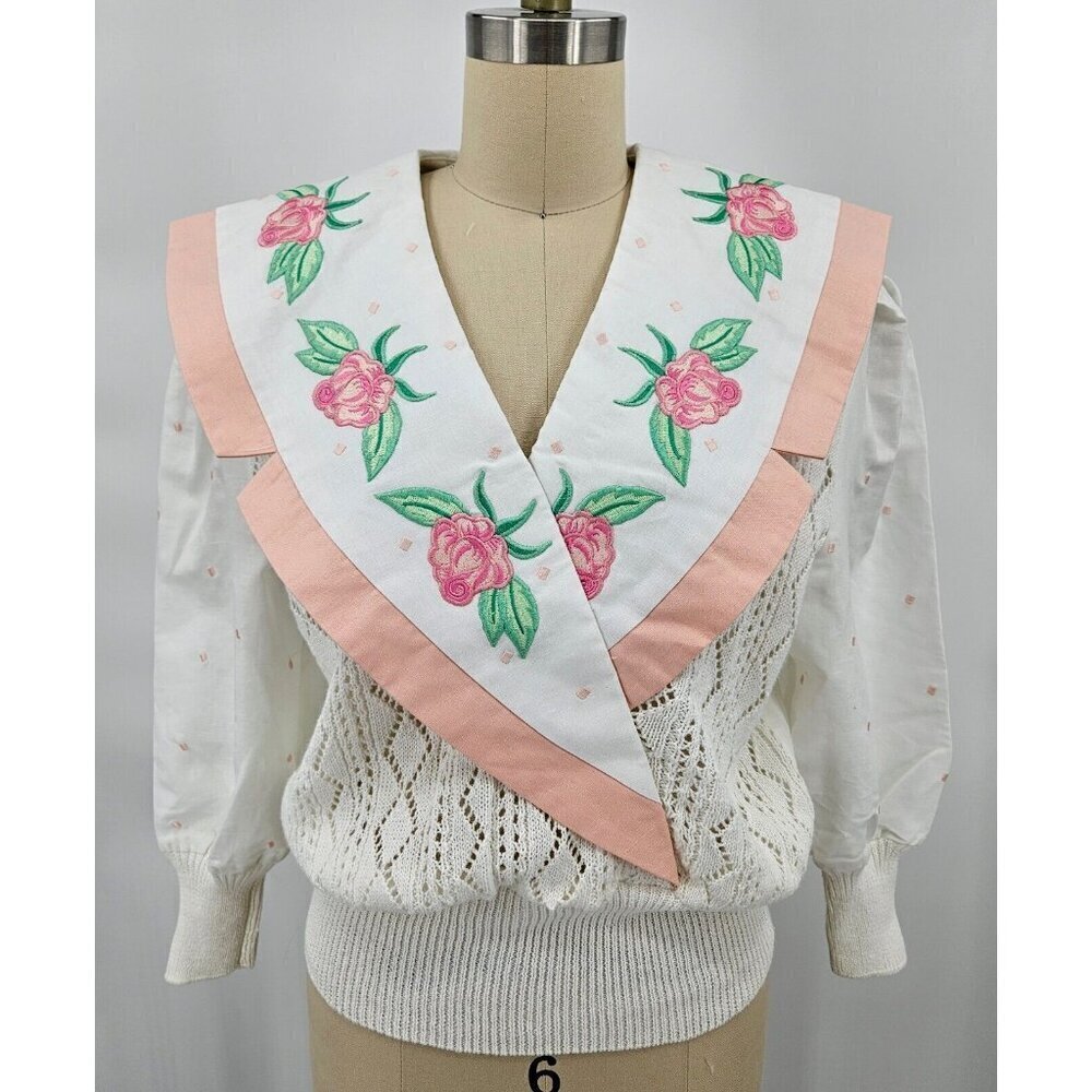 Vtg Deadstock Sideffects Pullover Sweater Womens M Roses V Neck White